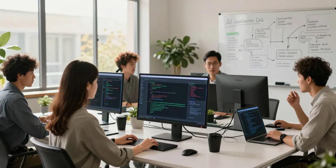 Collaboration in a tech workspace showcasing AI inference models on monitors and dynamic teamwork.