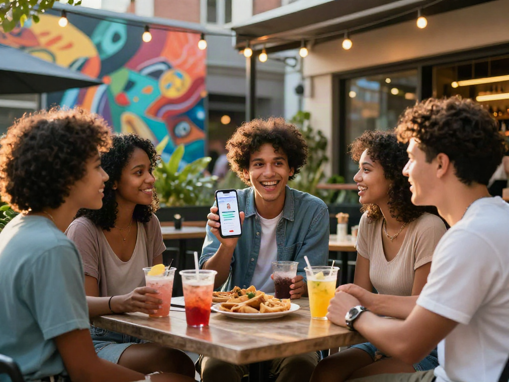 Group enjoying an attractive test app at a café, showcasing social interaction.
