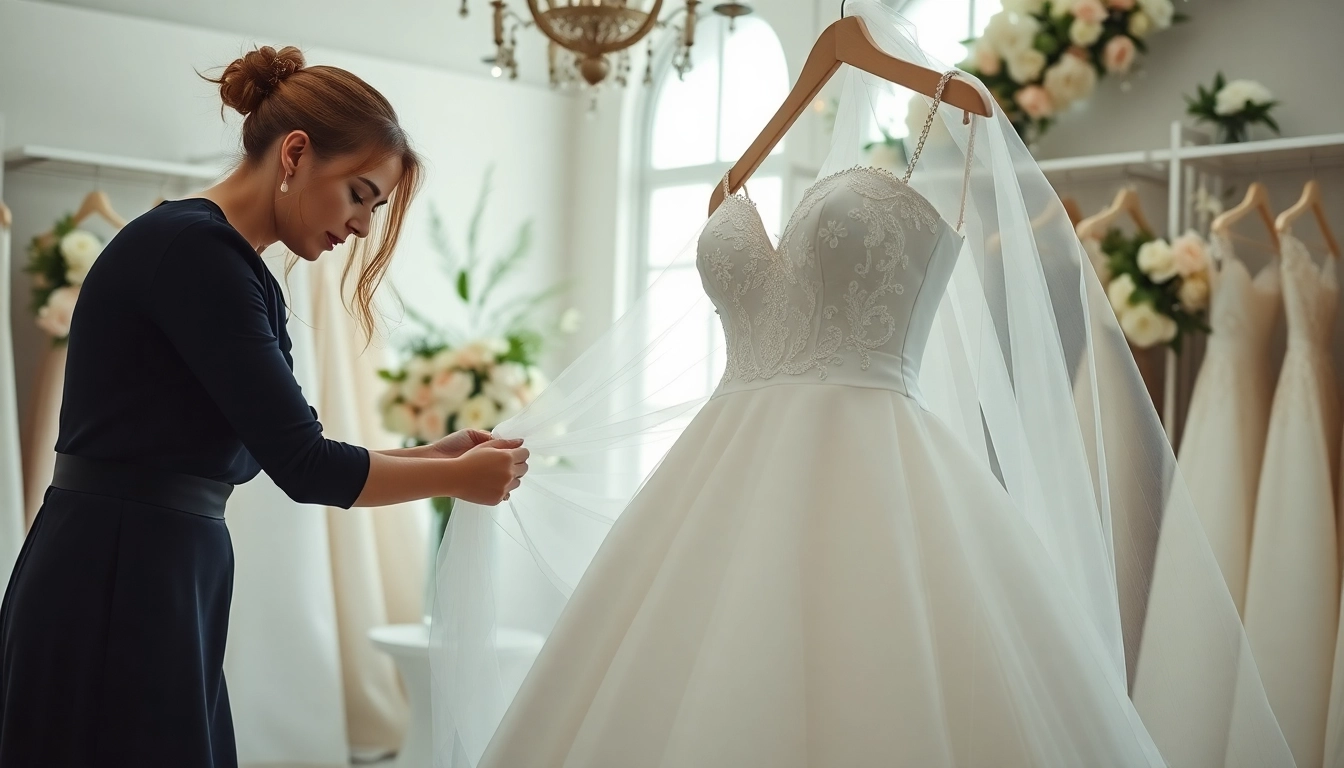 Bridal styling con un stilista professionista che prepara un abito da sposa elegante in una boutique luminosa.