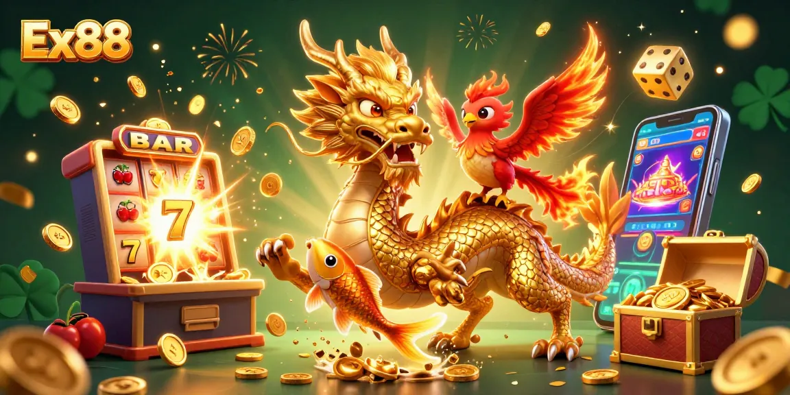Engage with Ex88 by exploring a vibrant casino scene featuring a majestic dragon, phoenix, and koi fish amidst a jackpot explosion.