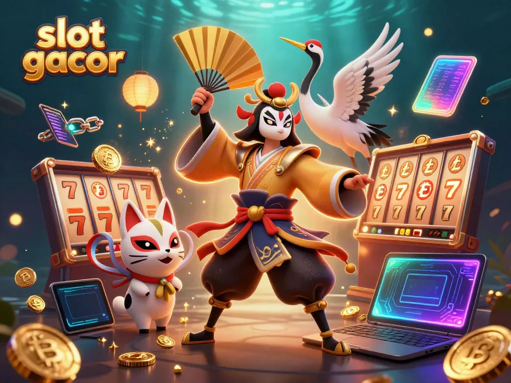 Menangkan jackpot di slot gacor dengan kabuki dan maskot dalam ilustrasi berwarna cerah.