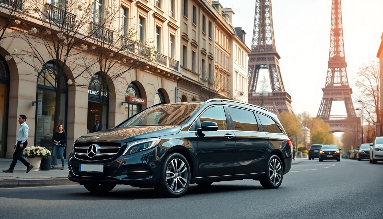 Experience a seamless Orly Airport to Paris Transfer with a sleek vehicle in front of the Eiffel Tower.