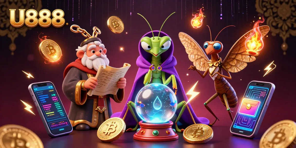 Engage with U888’s vibrant 3D scene featuring a mystical fortune teller, wise librarian, and crypto elements.
