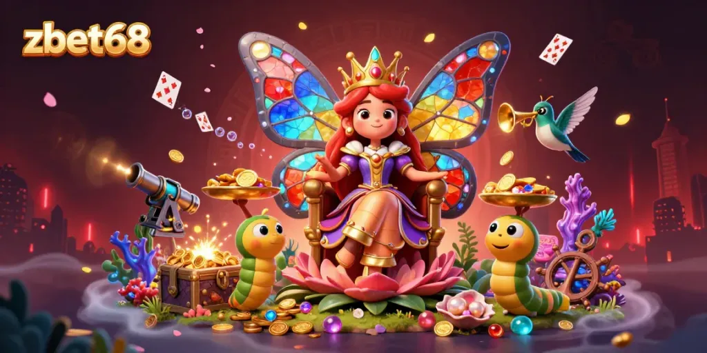 Immerse in zbet68's vibrant butterfly queen themed casino illustration featuring dynamic game elements and rich colors.