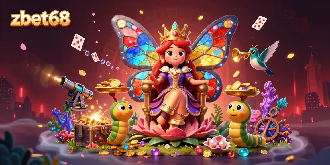 Immerse in zbet68's vibrant butterfly queen themed casino illustration featuring dynamic game elements and rich colors.