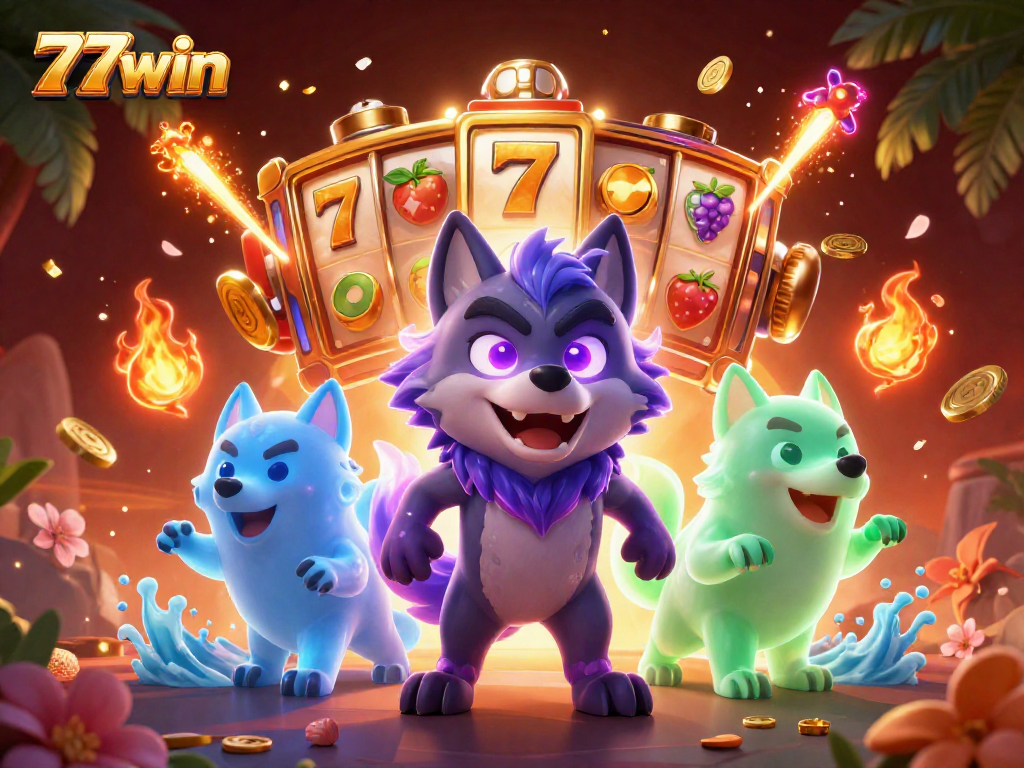 Join the gaming excitement at 77win, featuring vibrant slot reels and immersive art.