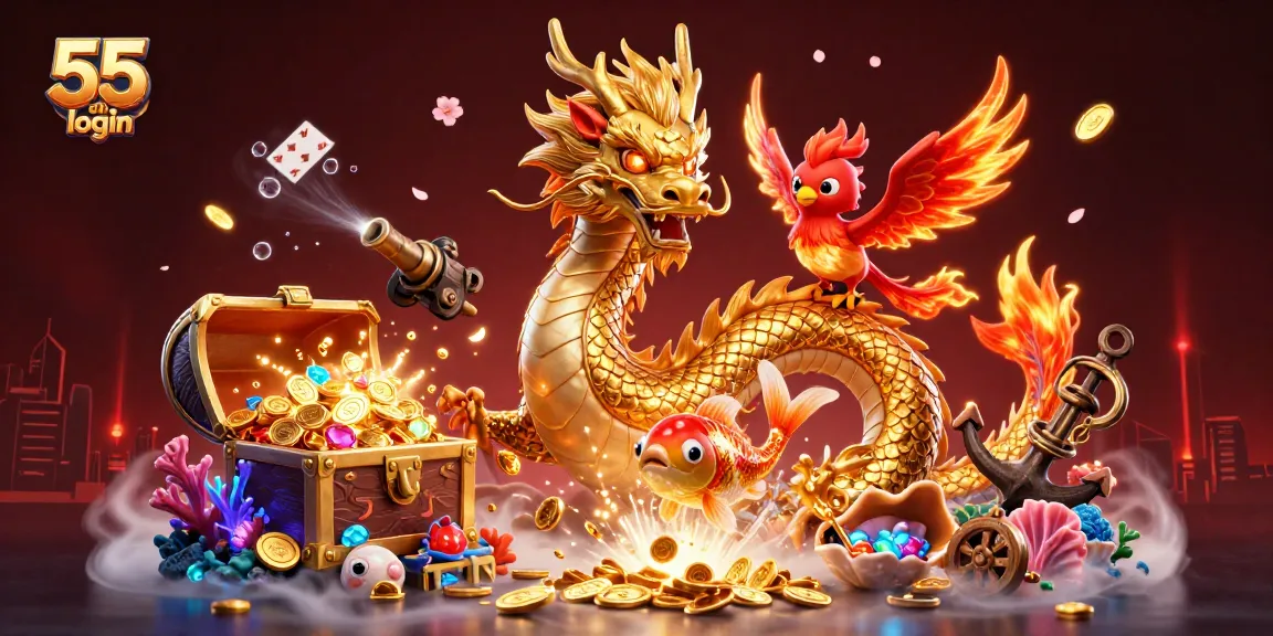 Engage with the 55 club login as illuminated by a dragon and phoenix amidst dynamic casino elements.