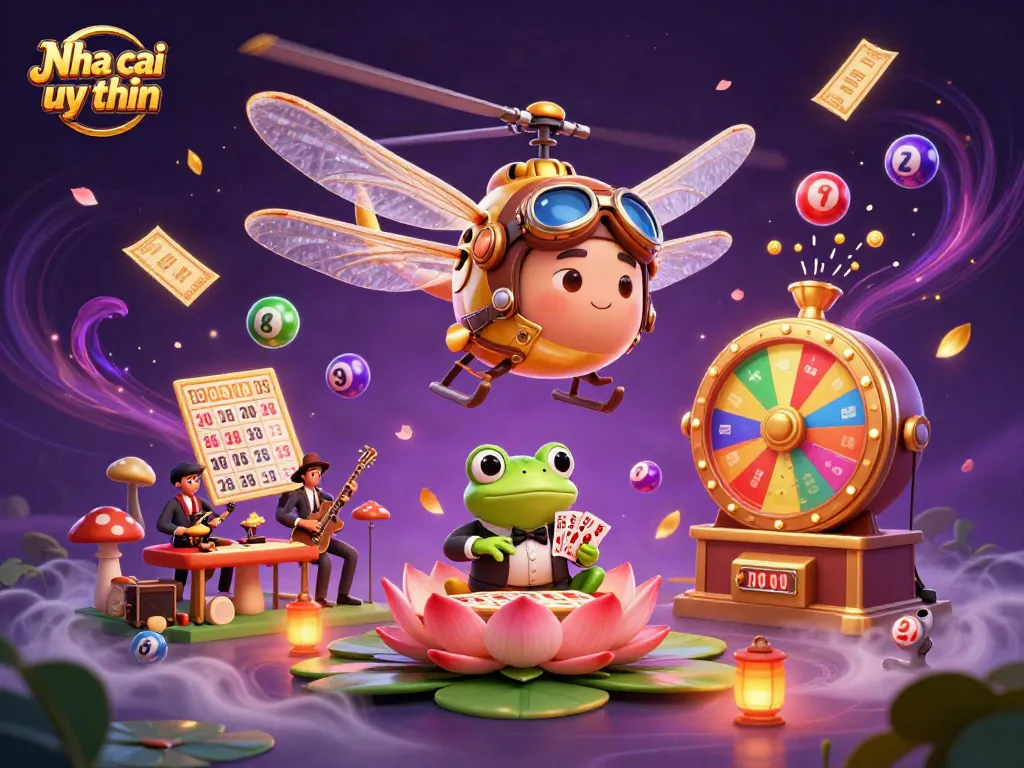 Nha cai uy tin showcases a vibrant and dynamic casino illustration featuring a dragonfly pilot, frog dealer, and jazz musicians.