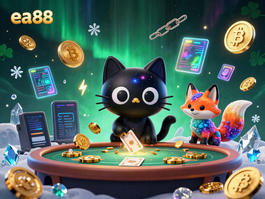 Trò chơi ea88: Mèo đen vũ trụ đang kéo thẻ và chip vàng tại bàn casino