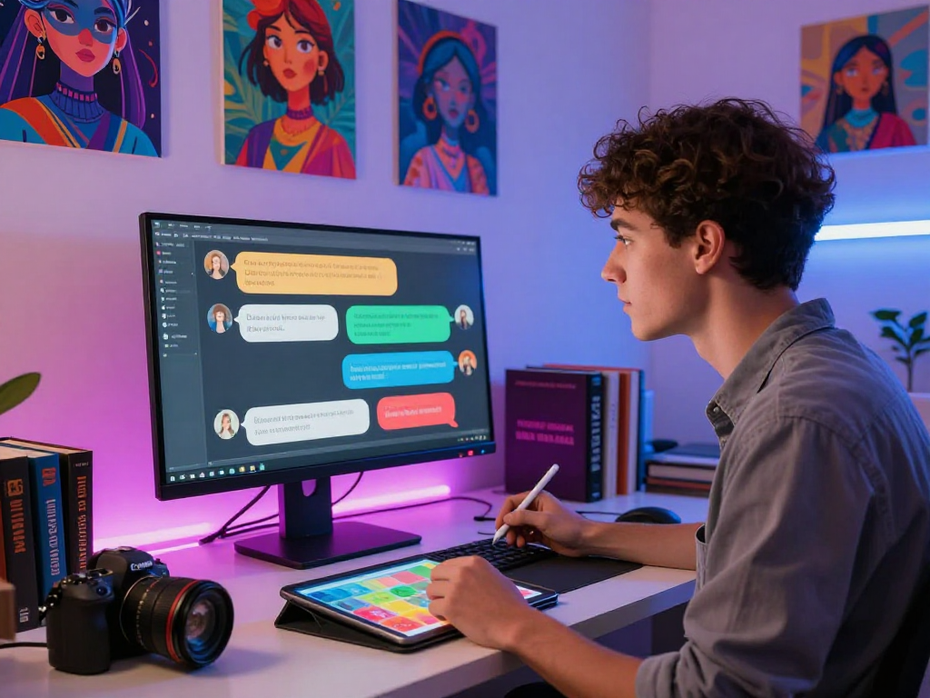 Dynamic scene of hentai ai chat creation in an inspiring artist workspace.