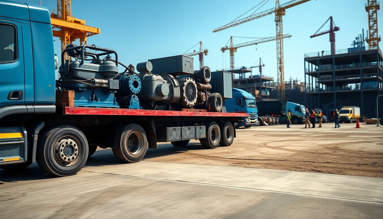 Efficient equipment hailing with a flatbed truck transporting heavy machinery at a construction site.