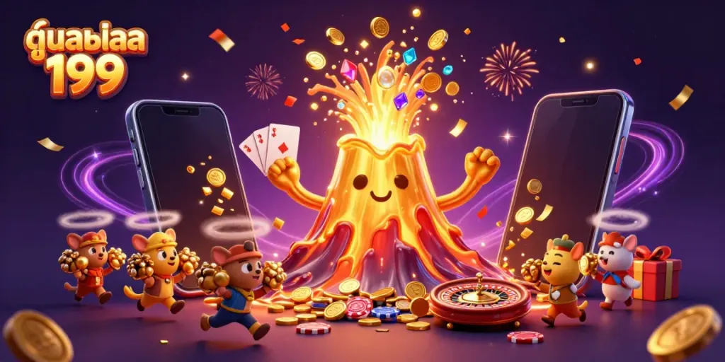 Engage with ดูบอลสด 199 featuring a dynamic eruption of gold coins and lively characters in a casino atmosphere.