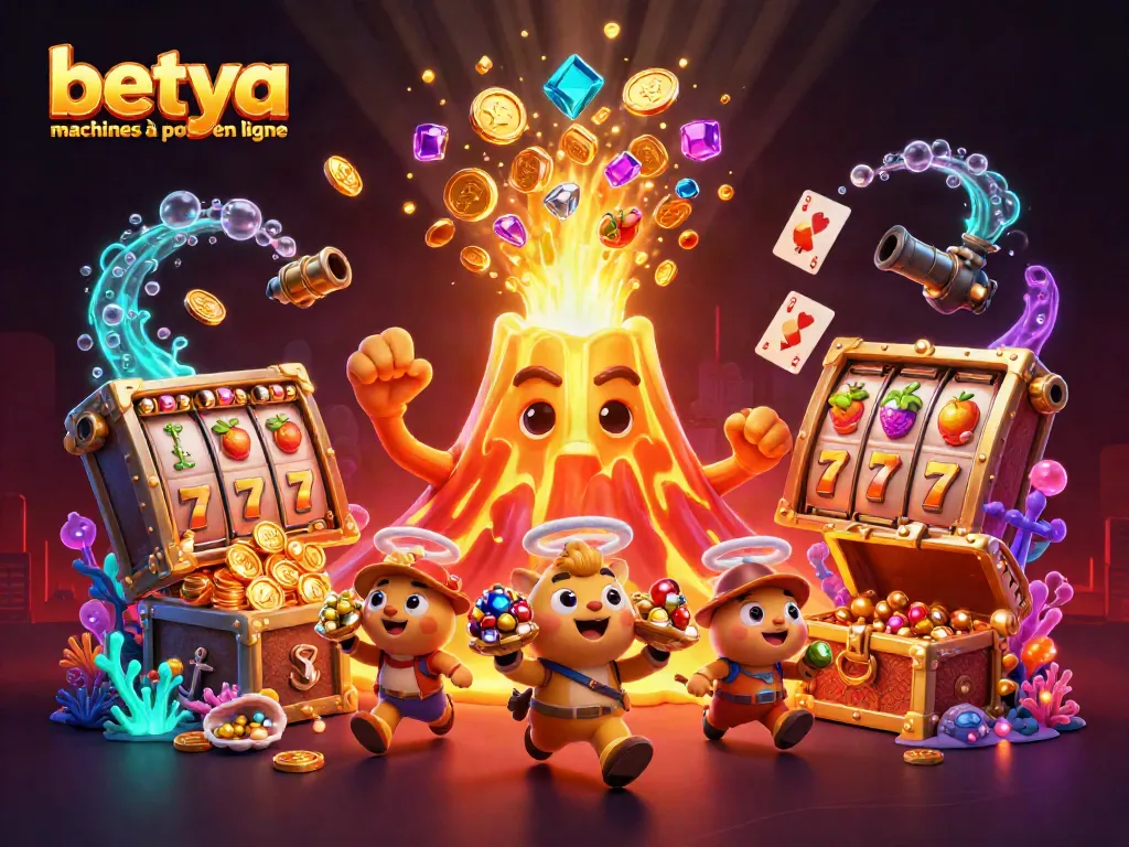 Experience the thrill of betya machines à sous en ligne with vibrant slot reels and treasures in this dynamic illustration.