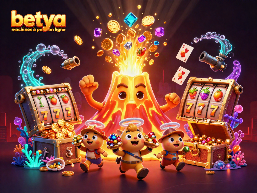 Experience the thrill of betya machines à sous en ligne with vibrant slot reels and treasures in this dynamic illustration.