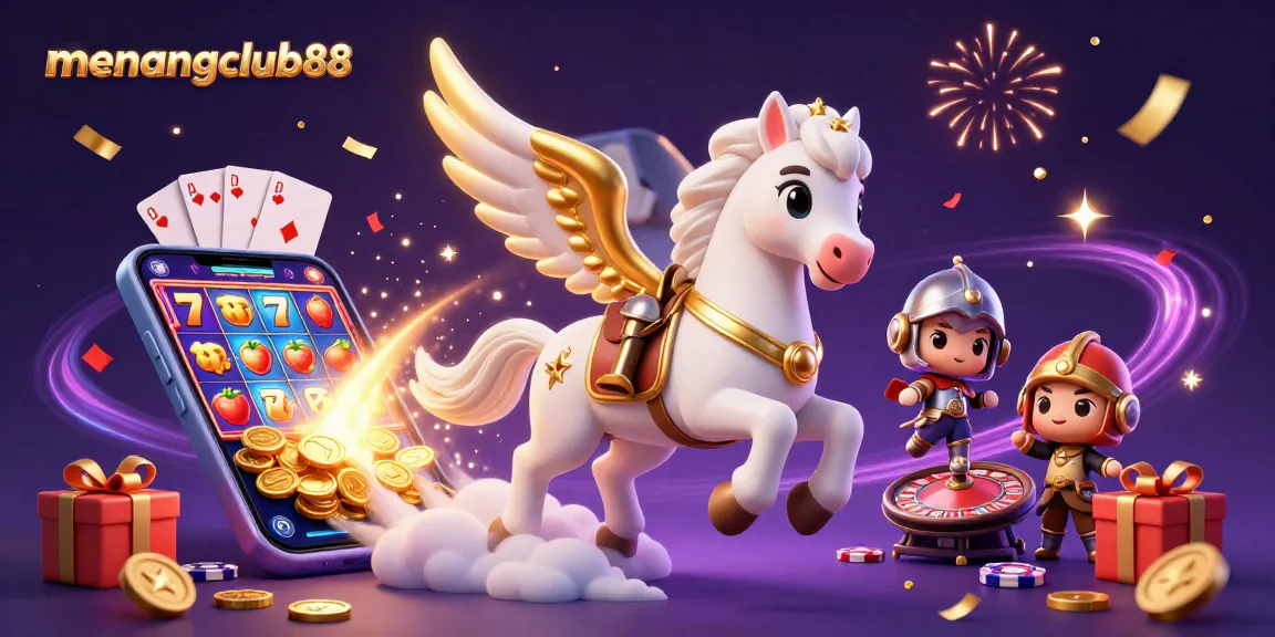 Experience wins at menangclub88 with a celestial horse, lucky slot games, and vibrant gaming elements