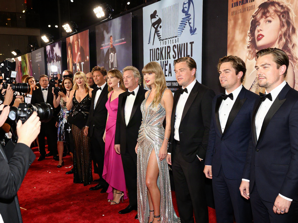 Look alikes of famous people enjoying a glamorous red carpet event with flashing cameras and confetti.
