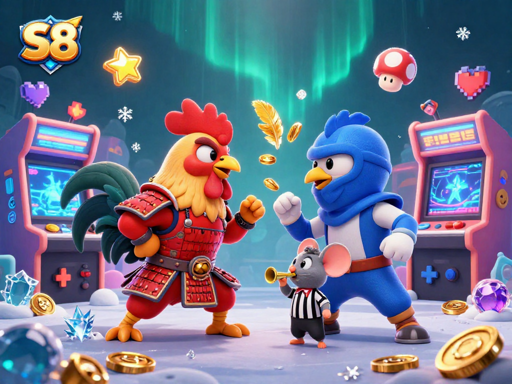 Engage in thrilling S8 gaming, with roosters in combat and arcade machines in an exciting atmosphere.