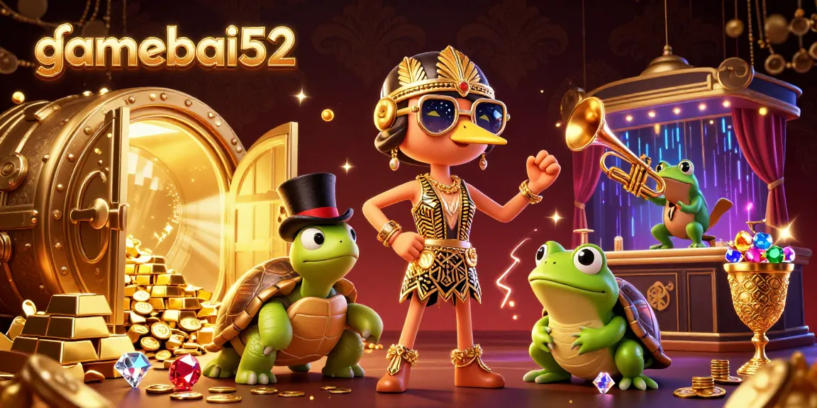 Experience the thrill of gamebai52 in a vibrant, lively 3D casino scene featuring playful characters.