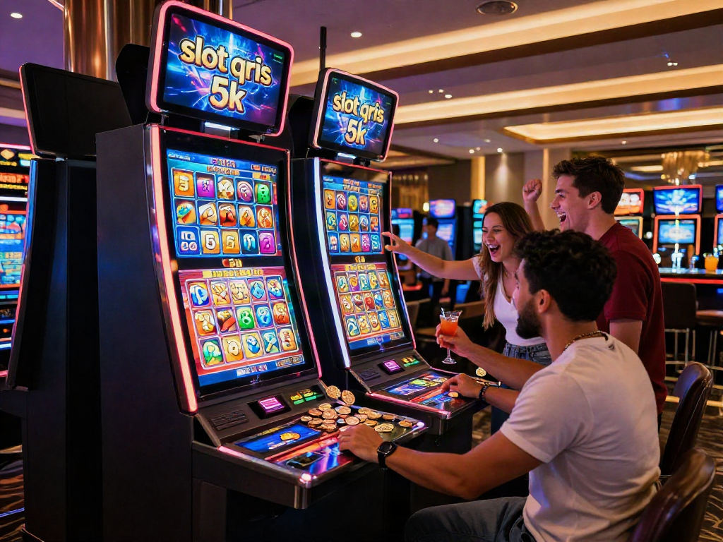 Excited friends winning at the slot qris 5k machine in a vibrant casino atmosphere.
