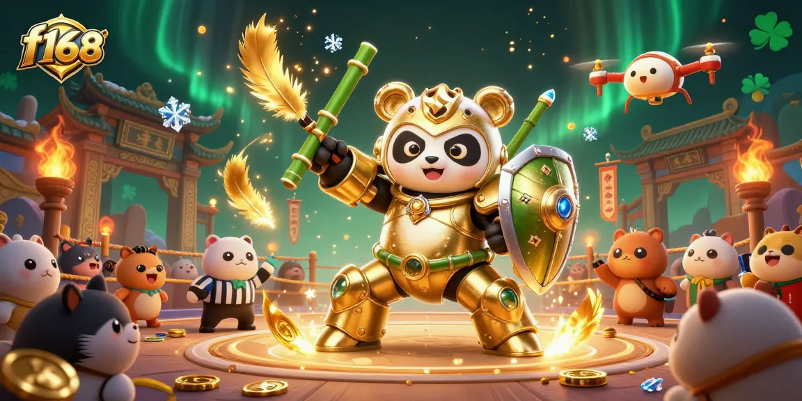 Engage in thrilling gameplay at f168 with a mech-suit panda battling in a vibrant casino arena.