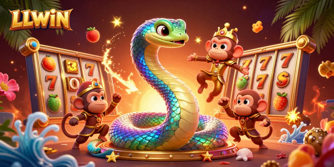 Engage with LLWIN's vibrant games through a magical scene featuring a rainbow serpent, exotic elements, and slot machine excitement.