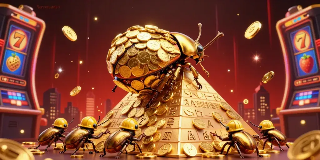 Join the excitement of ค้นหาเกมสล็อต with vibrant slot reels and a golden beetle rolling coins.