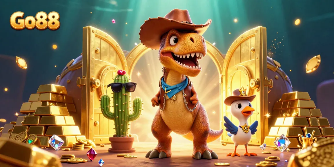 Experience the thrill of Go88 with this rich scene featuring a T-Rex cowboy and stunning treasures.