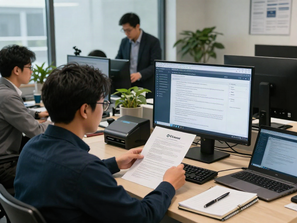 Security analyst using document fraud detection software to verify documents in a professional office setting.