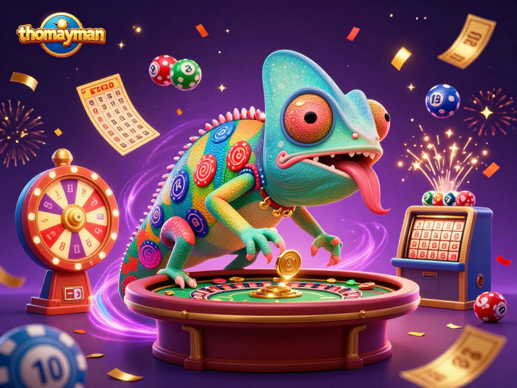 Experience exhilarating wins with thomayman in this vibrant casino scene featuring a colorful chameleon!