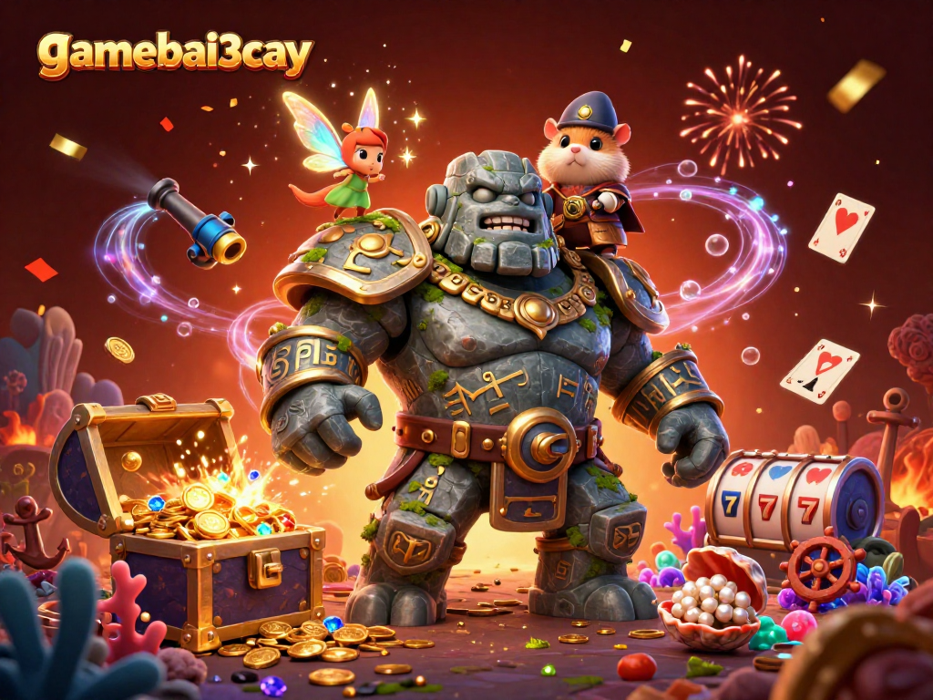 gamebai3cay unleashes excitement with vibrant 3D casino scene depicting magical elements and treasure