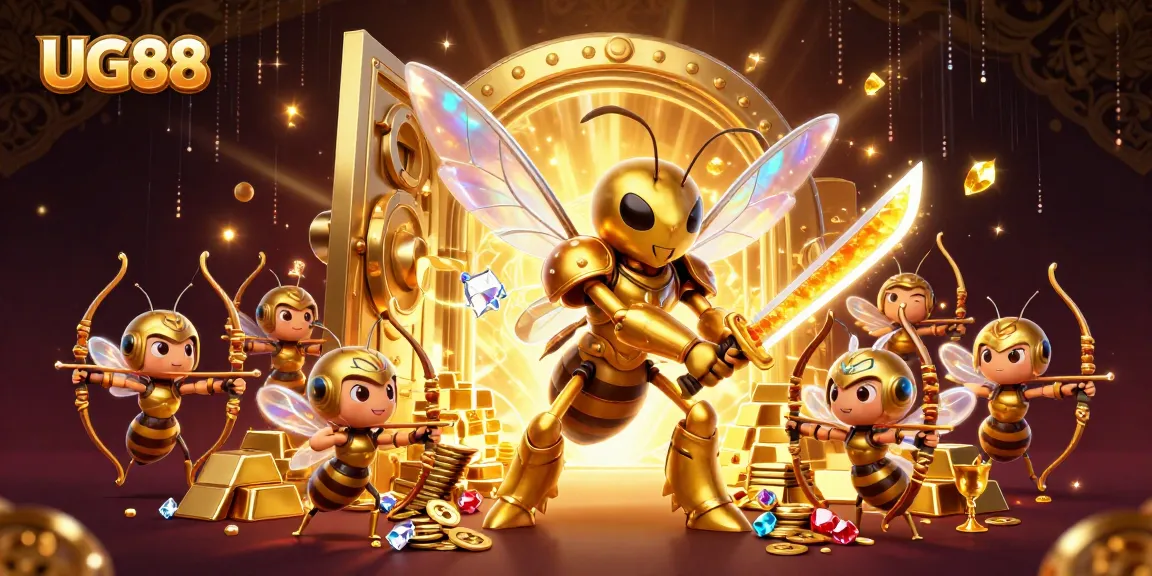 UG88 showcases a golden hornet samurai and bee archers amidst a treasure-filled scene, symbolizing winning gaming potential.