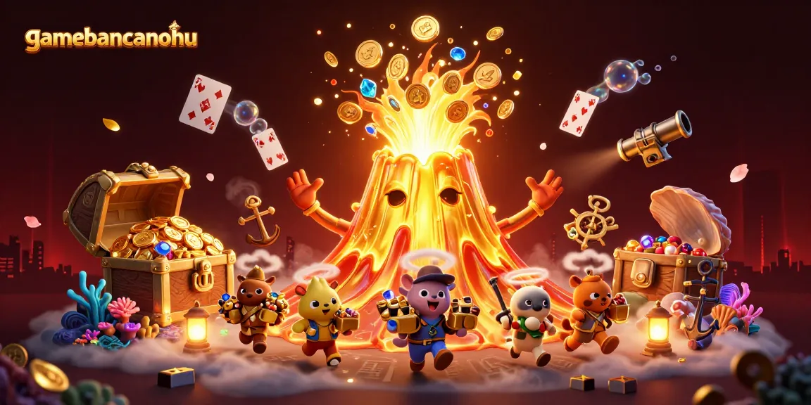 Experience gamebancanohu with vibrant gold eruptions, treasure, and animated excitement in a 3D illustration.