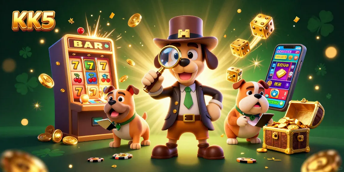 Win big with KK5's vibrant casino adventure, featuring detective characters uncovering treasure!