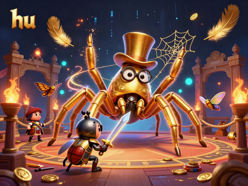 Betters enjoy a thrilling encounter with a giant tarantula and brave knight in a casino scene at hu.