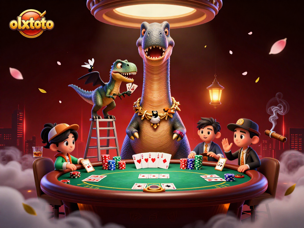 olxtoto merayakan kemenangan dengan dinosaur brontosaurus dan kartu poker di kasino megah