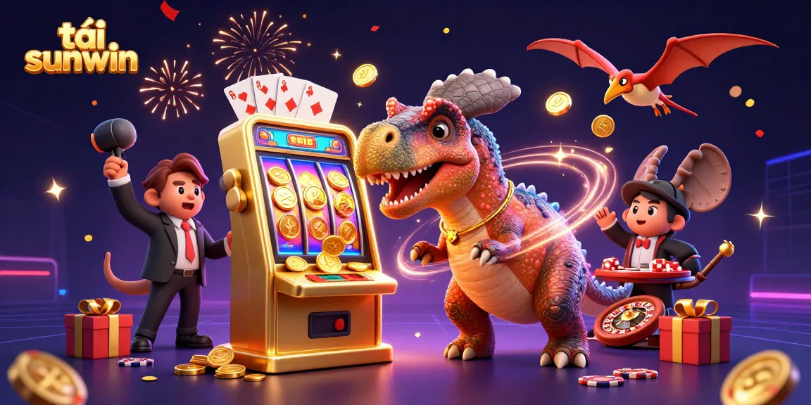 Engage with tải sunwin excitement as a 3D dinosaur celebrates a jackpot from a slot machine.
