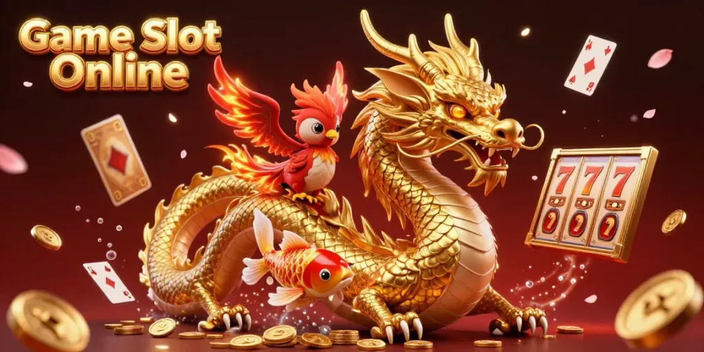 Embark on an adventure with Game Slot Online featuring a golden dragon, phoenix, and koi fish amidst vibrant casino symbols.
