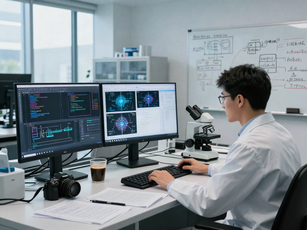 AI-Generated Image Detection scene in a modern lab with a data scientist analyzing images and code on monitors.