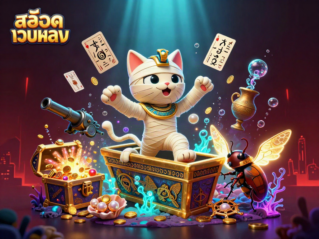Play interactive สล็อตเว็บตรง with a vibrant scene depicting a mummy cat and treasures in a pyramid casino.