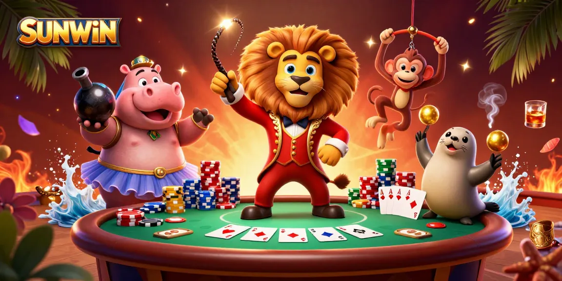 SUNWIN showcases exciting casino action with lively characters amid colorful poker elements.