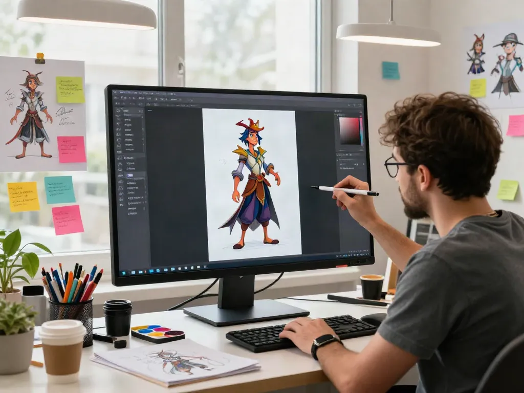 Artist creating character designs using an AI character sheet generator in a vibrant digital studio