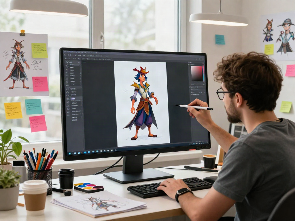 Artist creating character designs using an AI character sheet generator in a vibrant digital studio
