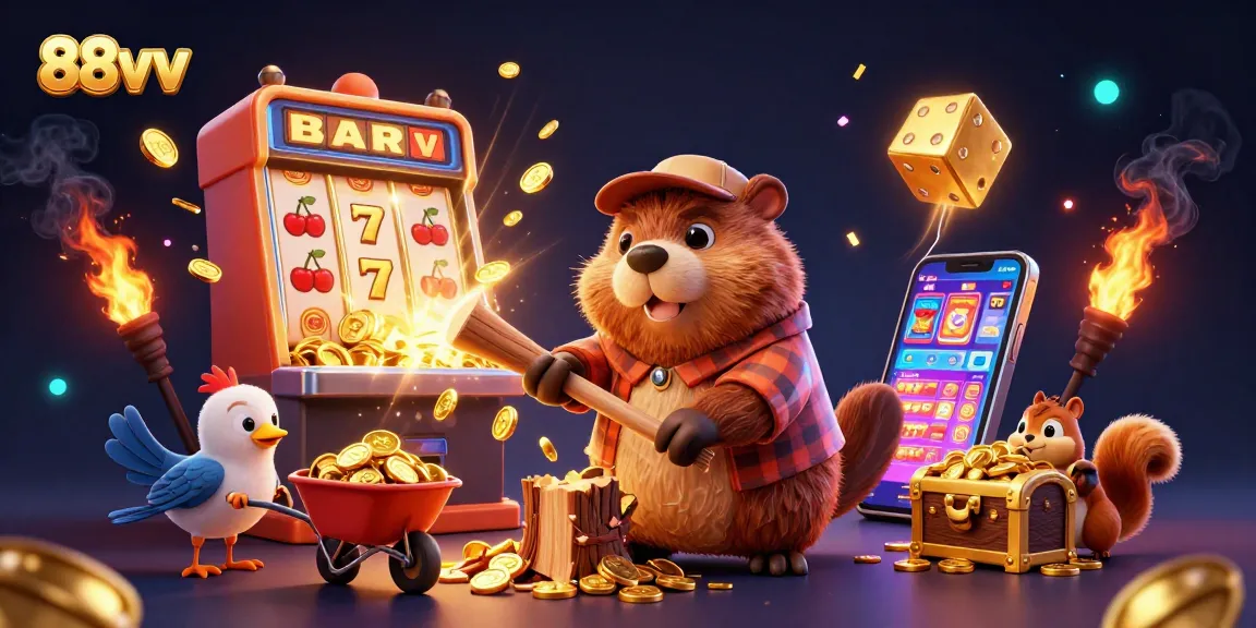 88vv showcases a vibrant 3D scene of a beaver in a casino-themed illustration, collecting coins.