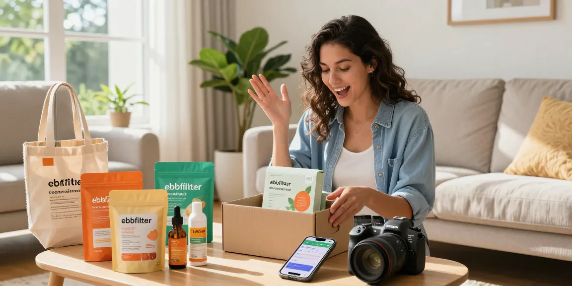 Excited shopper unboxing eco-friendly products from ebbfilter.com in a bright home setting.