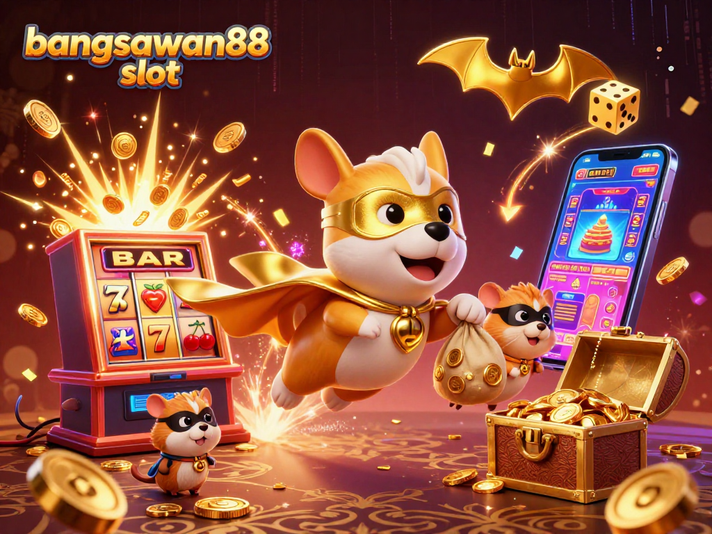 Engage with bangsawan88 slot in an action-packed 3D scene with a superhero dog and vibrant casino elements.