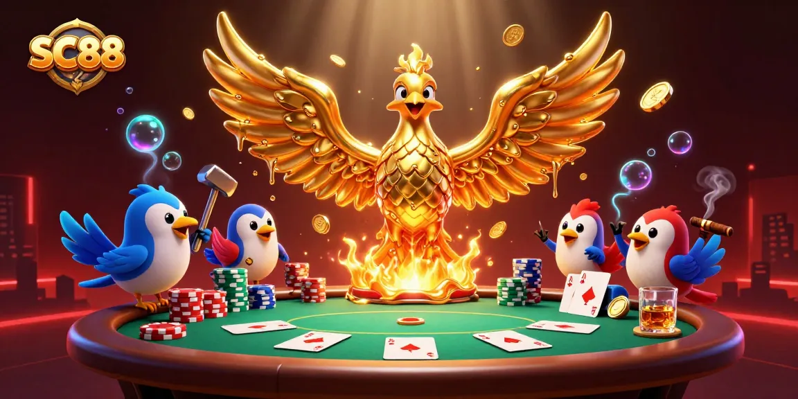 Engage in thrilling gambling with SC88, the captivating molten metal phoenix surrounded by poker elements.