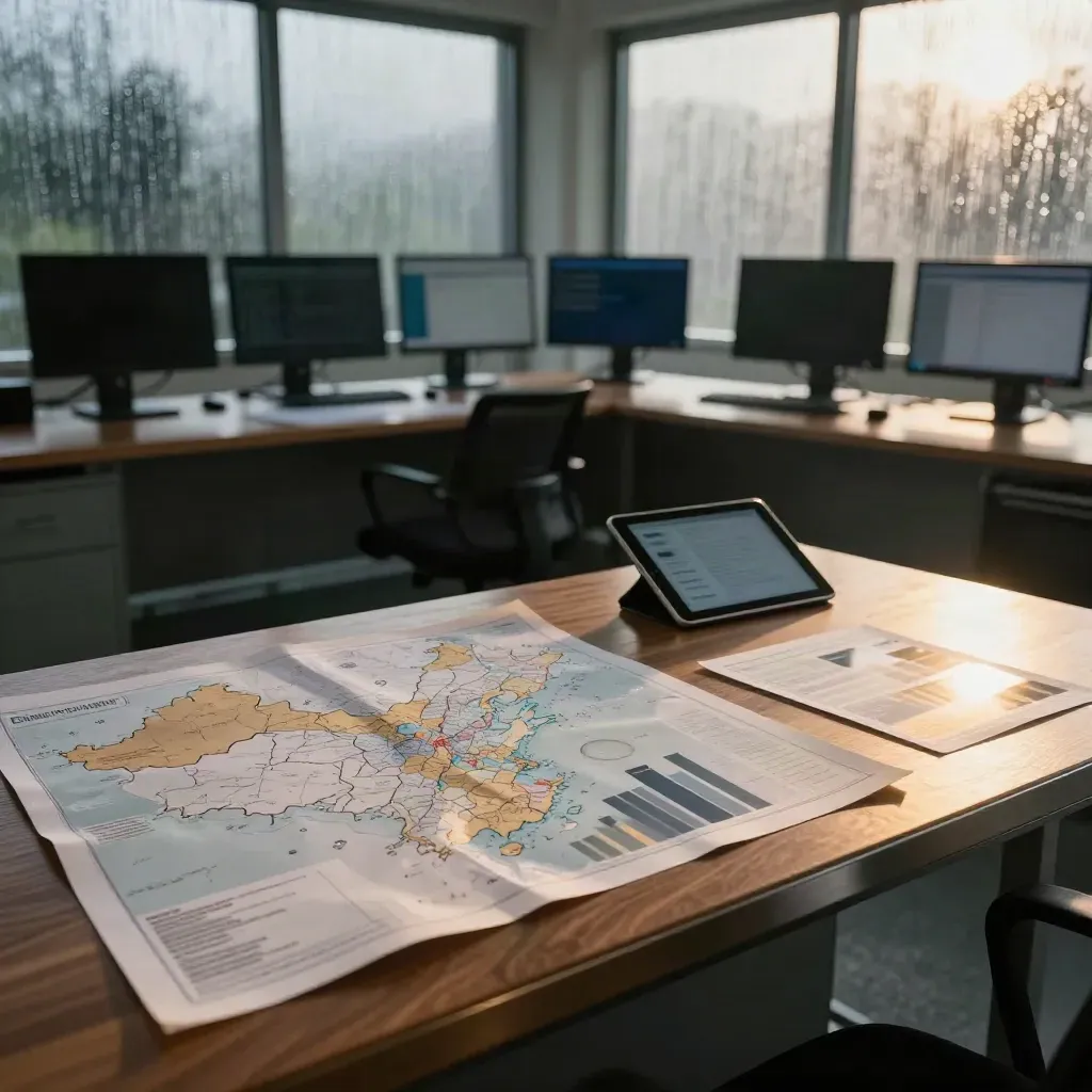 Dawn newsroom briefing table with maps, source packets, and soft monitor glow in rain haze.