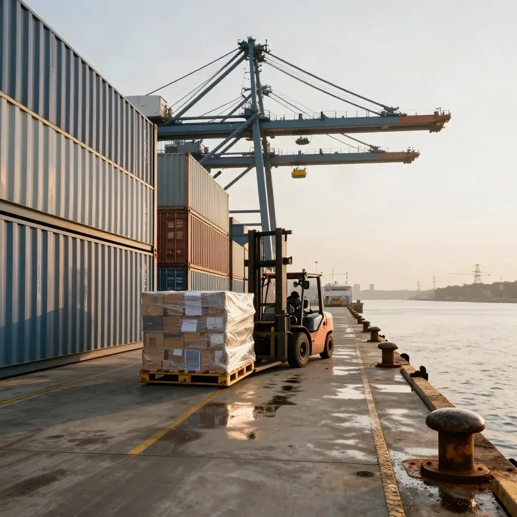 Port crane, containers, forklift, and boxed cargo at a wet dockside
