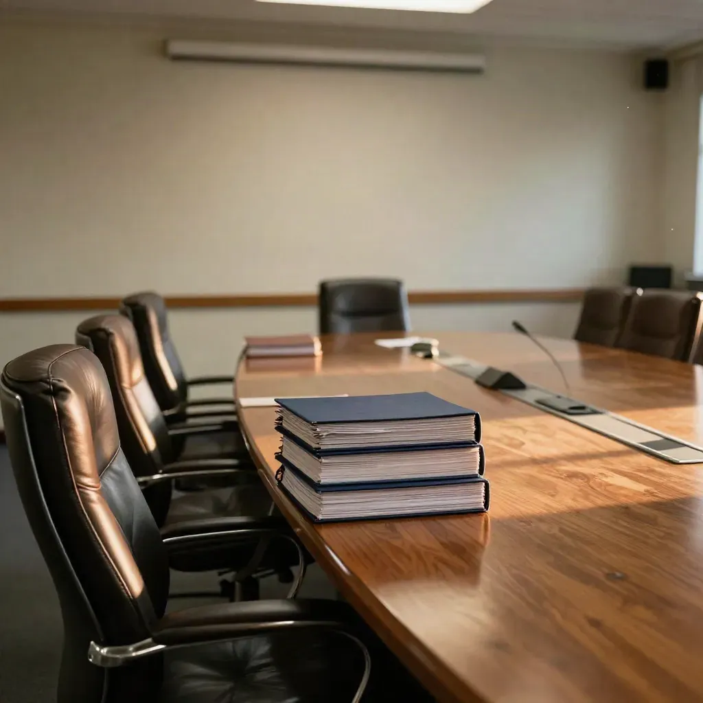 Empty budget committee room with leather chairs, closed binders, and a soft projection glow.