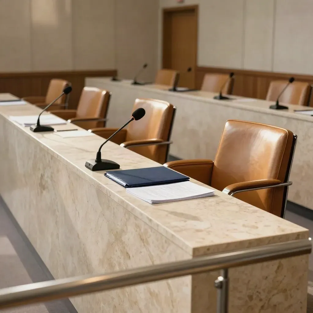 Empty marble committee room with microphones, leather chairs, and a navy bill folder on the dais.